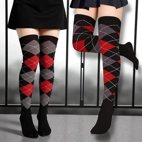 women’s argyle over knee socks black red grey pattern