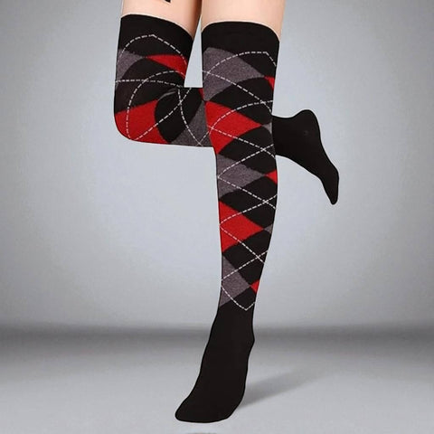 women’s argyle over knee socks black red grey pattern