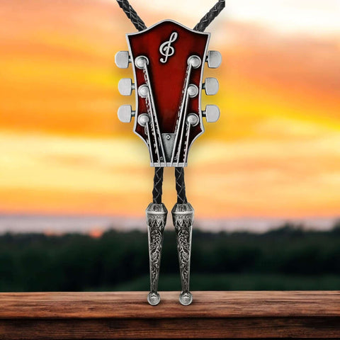 Country Music Guitar Leather Bolo necktie with adjustable slider and braided faux leather rope in black silver, red gold, or blue gold