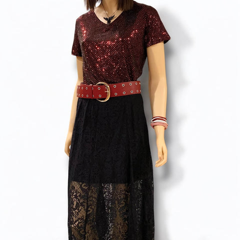 wild child sequin v-neck short sleeve top in ruby red sequins on black knit, women’s size large