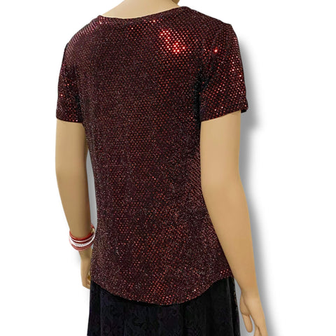 wild child sequin v-neck short sleeve top in ruby red sequins on black knit, women’s size large