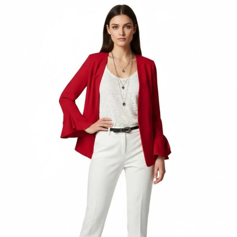 Red open-front blazer with dramatic tulip bell sleeves, collarless neckline and front pockets