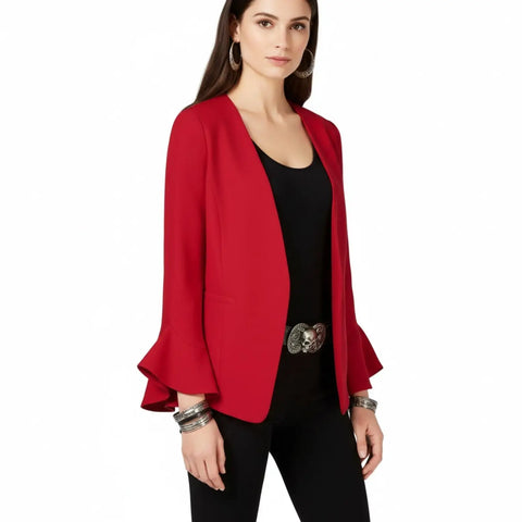 Red open-front blazer with dramatic tulip bell sleeves, collarless neckline and front pockets