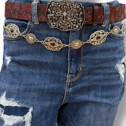 Western Goth Black Floral Cross Buckle Waist Belt in red and black – faux leather statement belt for cowgirl, punk, and gothic outfits