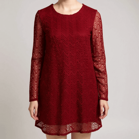 Dark Red Chevron Bell Sleeve Mini Dress with semi-sheer long bell sleeves, chevron lace overlay, A-line mini length, and back keyhole button