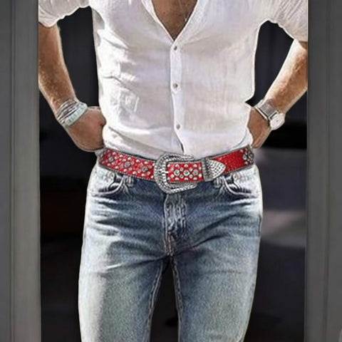 Glam Silver Studs Rhinestone Belt Red rhinestone belt with oversized silver buckle and tip