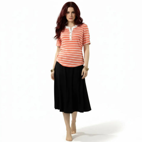 Coral and white striped plus size blouse with split V-neckline, silver-tone buttons and cuffed short sleeves