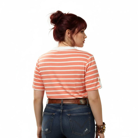 Coral and white striped plus size blouse with split V-neckline, silver-tone buttons and cuffed short sleeves