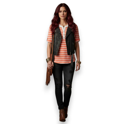 Coral and white striped plus size blouse with split V-neckline, silver-tone buttons and cuffed short sleeves
