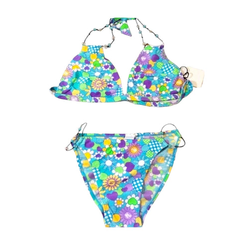 Women's retro love floral bikini set slim/junior size - blue small and  pink medium - On Shore