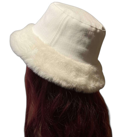 women’s soft faux fur winter bucket hat plush fluffy reversible with 2.5 inch brim in winter white dark brown or black streetwear headwear