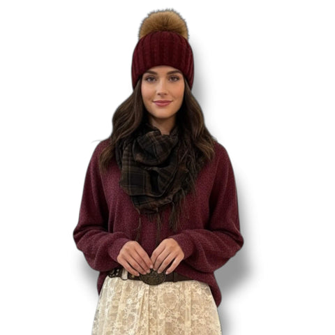 rib knit cuffed winter beanie with detachable real raccoon fur pom pom in burgundy red or dark gray soft stretch unisex cold weather hat