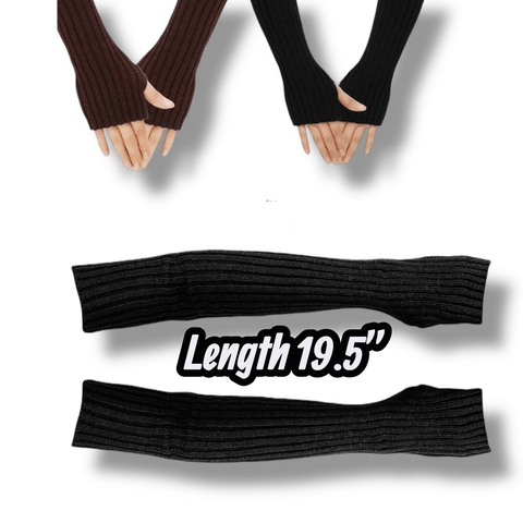 Knitted Long Arm Warmers Gloves — dark brown or black rib knit long fingerless arm warmers with thumb hole, 19.5" length