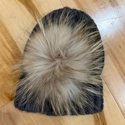 rib knit cuffed winter beanie with detachable real raccoon fur pom pom in burgundy red or dark gray soft stretch unisex cold weather hat