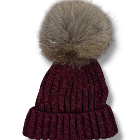 Rib Knit Winter Beanie Fur Pom Pom