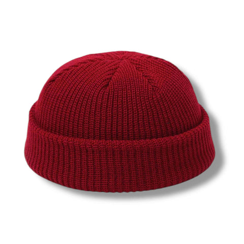 Mini Fisherman Beanie Hat with rolled cuff and above the ear fitted skullcap design in solid colors  burgundy red