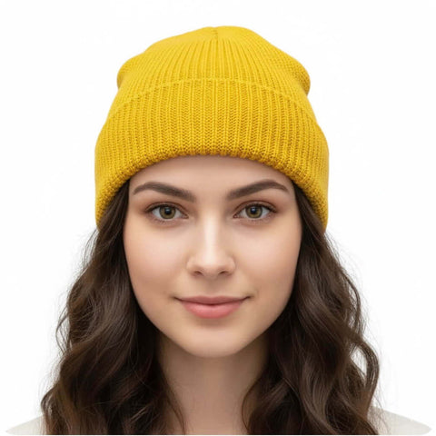 Mini Fisherman Beanie Hat with rolled cuff and above the ear fitted skullcap design in solid colors yellow