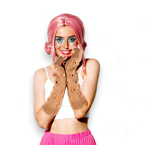 Ripped long arm warmer winter gloves in light brown black or white with distressed knit and thumb holes