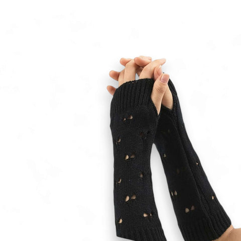 Ripped long arm warmer winter gloves in light brown black or white with distressed knit and thumb holes