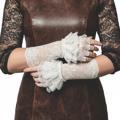 Romantic lace ruffle arm covers in white with floral forearm lace and fingerless hand detail / one size