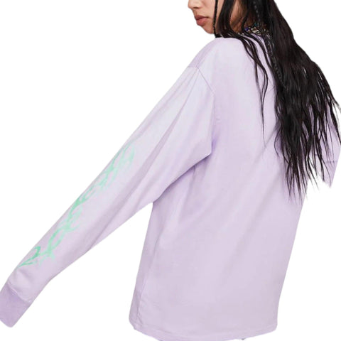Women's Lilac Purple Crew Neck Long Sleeve Neon Green Flames Logo Graphic Tee, T- Shirt - XL - Wild Time Fashion 