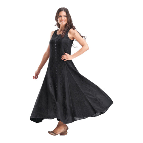 Black Beauty Maxi Dress, Round Neck Sleeveless, Panel Twirling Full Length Dress, Button Down Front, Intricate Embroidered Summer Maxi Dress - Wild Time Fashion 
