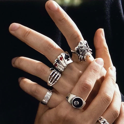 Gothic Punk Silver Gamblers Stackable Enamel Rings Set of 6- One Size-Wild Time Fashion