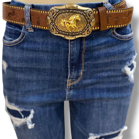 Western Oversized Gold Horse Buckle Belt  brown faux-leather western belt with gold-foil trim and stamped running horses