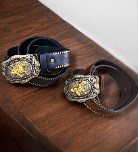 oversized antique-gold barbed-wire horse buckle on brown or black western belt