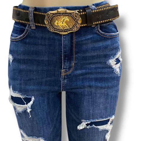 Western Oversized Gold Horse Buckle Belt black gold trim floral strap gold barb wire running horse buckle 