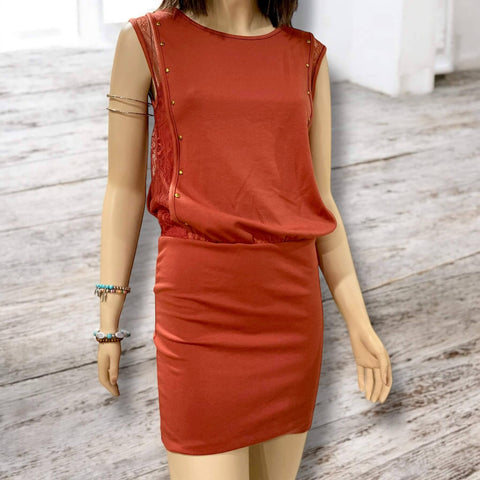 Boho western sleeveless rustic brown mini dress in with brass stud detailing and floral lace side panels bodycon dress