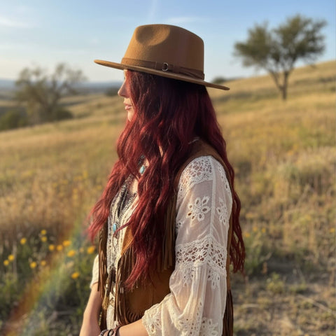 Woman with red hair wearing  brown suede fedora hat in a field 