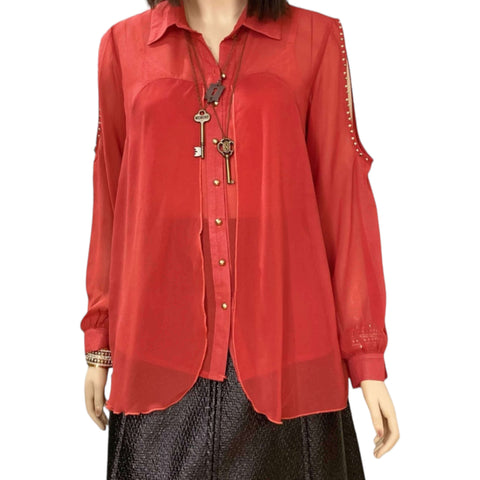 Rustic Long Sleeve Studded Button Up Blouse burnt orange long sleeve button up blouse with brass studded cold shoulder cutouts and full collar in small or medium