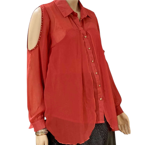 Rustic Long Sleeve Studded Button Up Blouse burnt orange long sleeve button up blouse with brass studded cold shoulder cutouts and full collar in small or medium