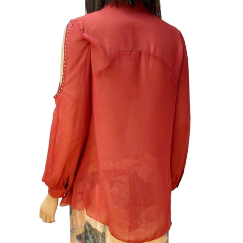 Rustic Long Sleeve Studded Button Up Blouse burnt orange long sleeve button up blouse with brass studded cold shoulder cutouts and full collar in small or medium