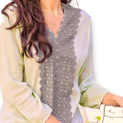 Sage V-Neck Embroidery Panel Tunic Blouse