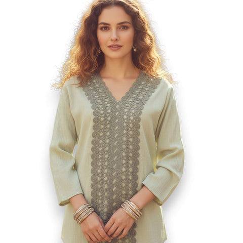 Sage V-Neck Embroidery Panel Tunic Blouse
