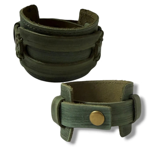 Sage Rustic Leather Cuff Bracelet with distressed green leather and snap closure - one size unisex
