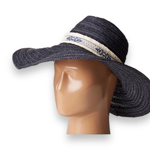 Navy blue wide brim straw sun hat with grosgrain ribbon band for summer beachwear and sun protection