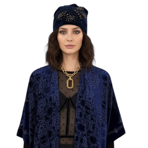 Fitted Velvet Winter Beanie Hat  gun metal gray beaded butterfly design with rhinestones accented fitted style in sapphire dark blue