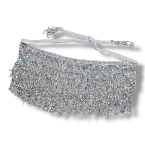 short sequins fringe belt, adjustable waist ties, silver or black, festival hip scarf style