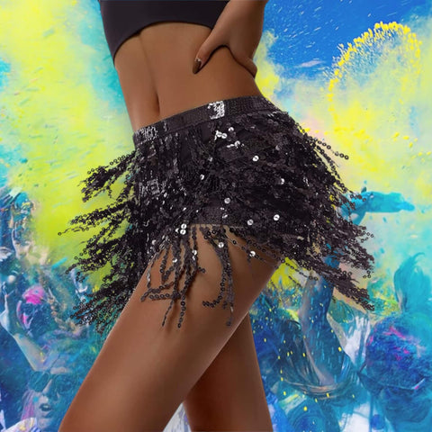 short sequins fringe belt, adjustable waist ties, silver or black, festival hip scarf style
