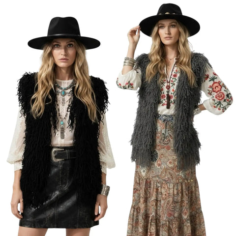 Women's Crochet Knit Fringed Shaggy Vest in charcoal gray or black boho festival styles