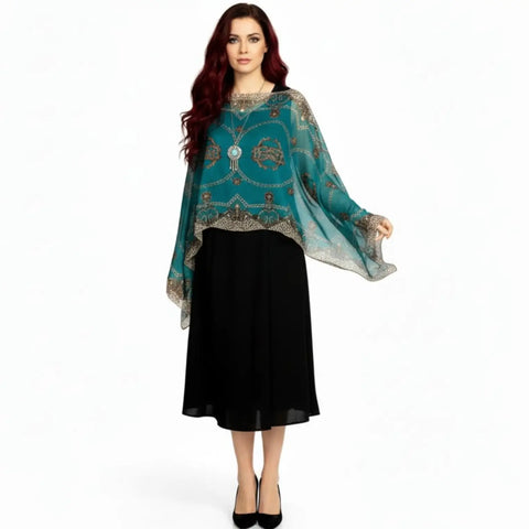 Sheer flowing poncho top cover up in blue, red or teal with shimmer, pearl and baroque-inspired details / one size