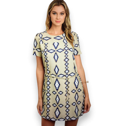 western short sleeve mini dress in tan with blue/white tribal print, keyhole neckline, detachable braided chain belt, lined shift