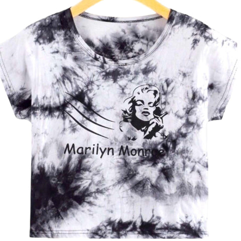 Women's Short Sleeve Tie Dye Graphic Marilyn Monroe Crop Top  - Medium- Wild Time Fashion