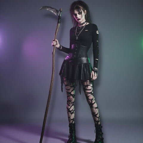 Women’s Black Shredded Tights – distressed ripped goth punk hosiery, elastic waist, stretchy nylon-spandex