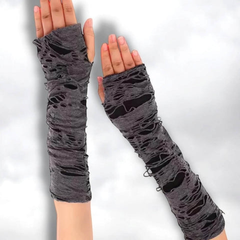 woman wearing pair of long Shredded ripped black gray arm covers fingerless thumbhole design unisex/osfm