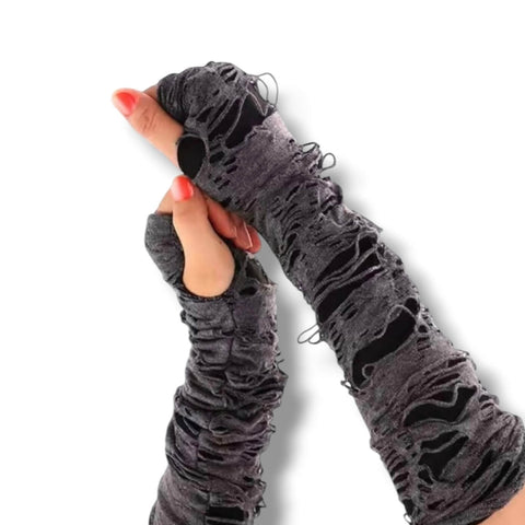 woman wearing long pair of Shredded  ripped black gray arm covers fingerless thumbhole design unisex/osfm