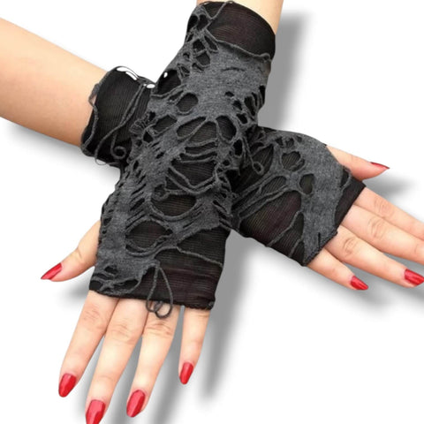 woman wearing short pair of Shredded  ripped black gray arm covers fingerless thumbhole design unisex/osfm
